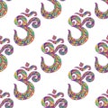 Amazing hippie stylish seamless pattern with vivid Om symbol sacred, isolated on white background. Psychedelic ethnic