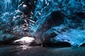 Amazing ice cave. Blue crystal ice cave and an underground river beneath the glacier. Amazing nature of Skaftafell. Royalty Free Stock Photo