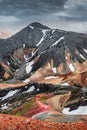 Amazing Icelandic landscape of colorful rainbow volcanic Landmannalaugar mountains, at famous Laugavegur hiking trail with