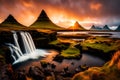 Amazing Icelandic natural landscape. Fantastically beautiful sunset over a waterfall and a majestic mountain.