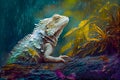 Amazing iguana in the fantasy rain forest, watercolor painting, generative ai illustration Royalty Free Stock Photo