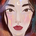 Amazing vector illustration portrait of an Asian woman. Multicolored tears.