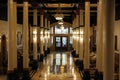 Amazing interior of historic hotel, with tall columns and intricate detail in lighting fixtures, The Driskill, Texas, 2018