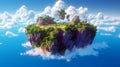 Floating fantasy island with green trees and grass waterfalls with clouds. flying heaven land