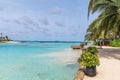 Amazing island in the Maldives , Beautiful turquoise waters and white sandy beach with blue sky background for holiday vacation Royalty Free Stock Photo