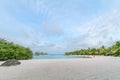 Amazing island in the Maldives ,Beautiful turquoise waters and white sandy beach with blue sky background for holiday vacation Royalty Free Stock Photo