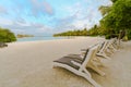 Amazing island in the Maldives , Beautiful turquoise waters and white sandy beach with blue sky background for holiday vacation Royalty Free Stock Photo