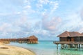 Amazing island in the Maldives ,Beautiful  turquoise waters and white sandy beach with  blue sky  background for holiday vacation Royalty Free Stock Photo