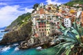 Amazing Italy - famous Cinque Terre in  Liguria, colorful Riomaggiore fishing village Royalty Free Stock Photo