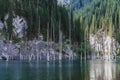 amazing Kaindy Lake in the Tien Shan mountains in Kazakhstan in summer. Mysterious lake with a sunken fir forest