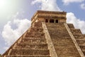 The amazing Kulkulcan pyramid in Chichen Itza, perfectly observing the entrance to his castle or also known as the temple. Royalty Free Stock Photo