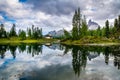 Amazing Lago Di Federa See with beautiful reflection. Majestic Landscape with Dolomites peak, Cortina D`Ampezzo, South Tyrol,