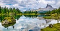 Amazing Lago Di Federa See with beautiful reflection. Majestic Landscape with Dolomites peak, Cortina D`Ampezzo, South Tyrol,