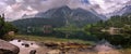 Amazing Landscape. Alpine lake with colorful overcast sky and mountains. Incredible view of beautiful mountains in High Tatras. Royalty Free Stock Photo