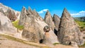 Amazing landscape with ancient church and fairy chimneys. Location:  Selime and Ihlara valley in Cappadocia, Anatolia, Turkey. Royalty Free Stock Photo