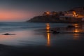 Amazing landscape of the Atlantic ocean coast at sunset. View of colorful dramatic sky and buildings near a sandy beach. Long expo Royalty Free Stock Photo