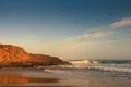 Amazing landscape on the Atlantic ocean at sunrise. View of foamed waves running ashore sandy beach and birds flying around in sky Royalty Free Stock Photo