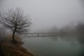 Amazing landscape of bridge reflect on surface water of lake, fog evaporate from pond make romantic scene or Beautiful bridge on l