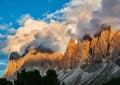 Amazing landscape of Dolomites Alps during sunset. Location: Odle mountain range, Seceda peak in Dolomites Alps, South Tyrol,