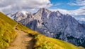 Amazing landscape of Dolomites Alps. Amazing view of Marmolada mountain. Location: South Tyrol, Dolomites, Italy, Europe. Travel Royalty Free Stock Photo