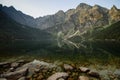Amazing landscape with high rocks and illuminated peaks, stones in mountain lakeMorskie Oko. Tatra National Park.