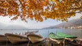 Amazing landscape of Lake Chuzenji with Yellow Autumn Trees at Nikko, Tochi Prefecture, Japan during autumn season.