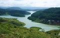 Amazing landscape of lake from mountain with pine forest Royalty Free Stock Photo