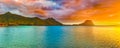 Amazing landscape. Le Morne Brabant at sunset. Mauritius. Panorama Royalty Free Stock Photo