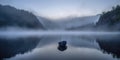Amazing Landscape With Lonely Boat On The Lake In Mist Royalty Free Stock Photo