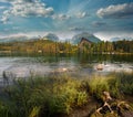 Amazing landscape of Mountain lake Strbske pleso in National Park High Tatra in the autumn. Tourist attraction of Slovakia. Europe