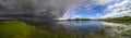 Amazing landscape of nature before thunder storm. Dark clouds cover blue sky at wild river. Incredible weather panorama