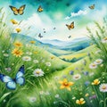 Amazing landscape painted watercolor style with wild butterflies flying and