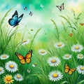 Amazing landscape painted watercolor style with wild butterflies flying and