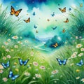 Amazing landscape painted watercolor style with wild butterflies flying and