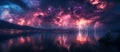 amazing landscape panorama with thunderstorms and thunderbolt lightning in night sky in nature over lake with mountains Royalty Free Stock Photo