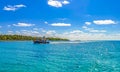 Beautiful tropical natural palm tree boat jetty Contoy island Mexico Royalty Free Stock Photo