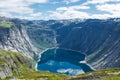 Amazing landscape of the Ringedalsvatnet Lake, Trolltunga hike,  Norway Royalty Free Stock Photo