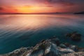 Amazing landscape of sunrise at sea. Colorful morning view of dramatic sky. Seascape. Greece. Mediterranean Sea.