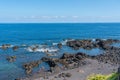 Amazing landscape to volcanic coastline near ocean hot springs natural pool of Ferraria Sao Miguel Island, Azores