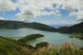 amazing landscape view of crater volcano lake in Sao Miguel island of Azores Portugal with flowers beautiful turquoise water Royalty Free Stock Photo