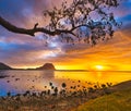 Amazing Landscape. View of Le Morne Brabant at sunset. Mauritius