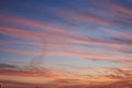 An amazing landscape view at sunrise with red orange blue vivid sky. Natural background with suburbs of the city and beautiful