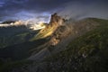 Amazing landscapes view of gold light on mountain with blue sky on summer from Dolomites, Italy. Royalty Free Stock Photo