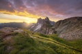 Amazing landscapes view of green mountain with gold sky on sunrise morning from Dolomites, Italy.