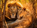 Amazing lions sitting and cuddling in the bush of Moremi Reserve