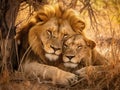 Amazing lions sitting and cuddling in the bush of Moremi Reserve