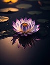 Amazing lotus blooming on dark pond have yellow pollen in center, waterlily with reflection in pond Royalty Free Stock Photo