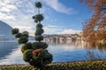 Amazing Lugano and promenade Riva Vincenzo Vela Lugano. view from Ciani park and topiary tree