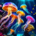 amazing luminescent colorful jellyfishes under water