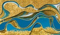 Amazing luxury yellow gold agate ripple pattern. Blue wave and golden glitter abstract background.